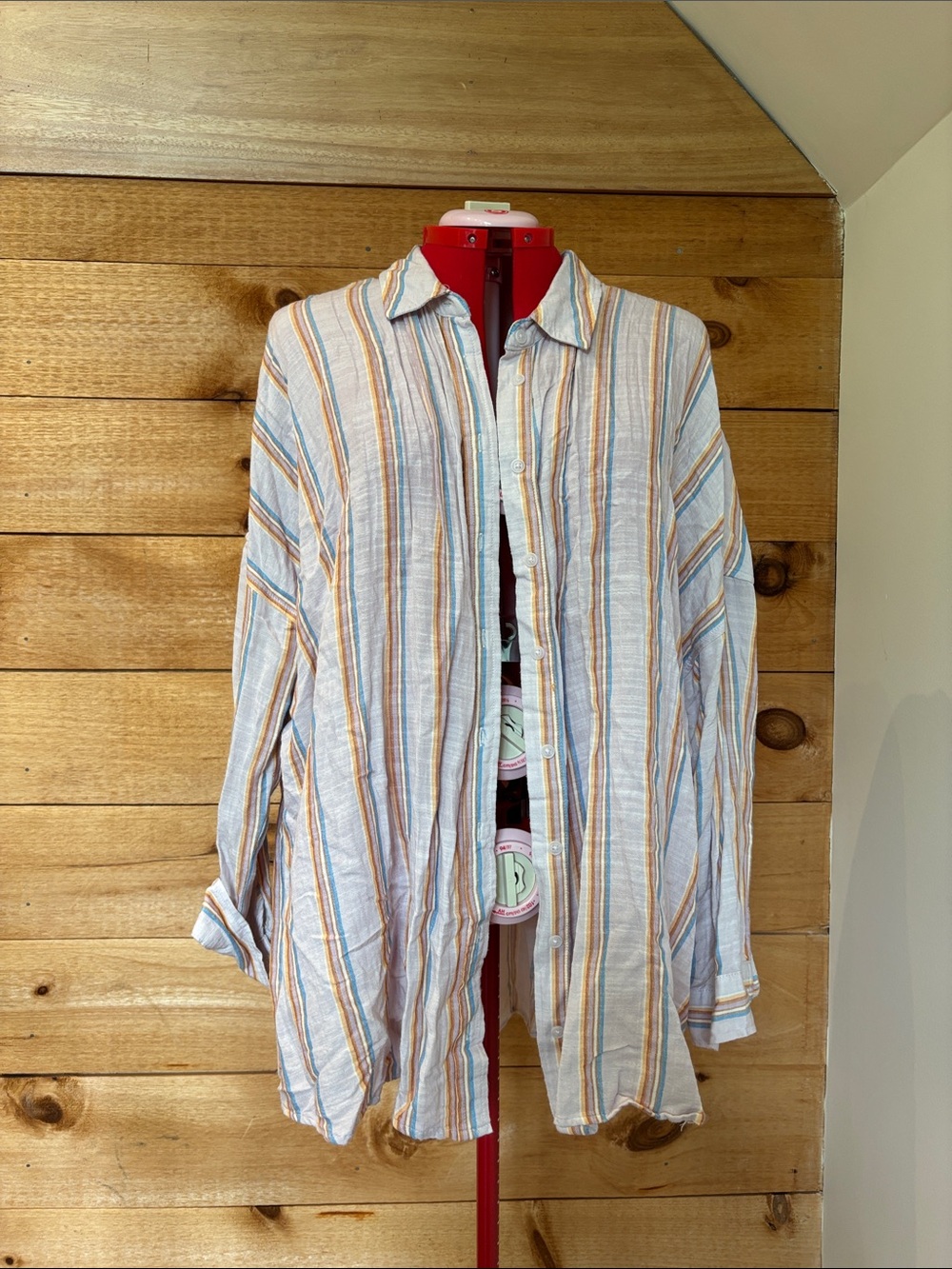 Women Lightweight Striped Button-Up Shirt - peach with Blue & Tan Stripes